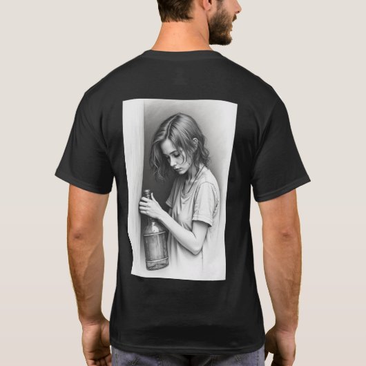 Basic donker T-shirt."Lege fles, eindeloos avontuu T-shirt (Achterkant)