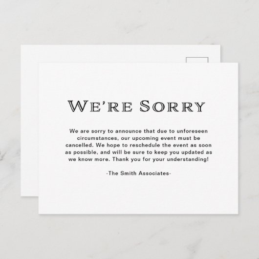 Basic Elegant Black and White Cancelation Aankondigingskaart (Voorkant / Achterkant)