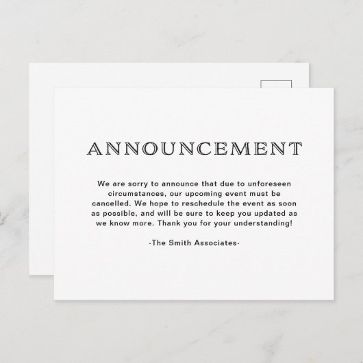 Basic Elegant Black and White Cancelation Aankondigingskaart (Voorkant / Achterkant)