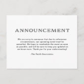 Basic Elegant Black and White Cancelation Aankondigingskaart (Voorkant)