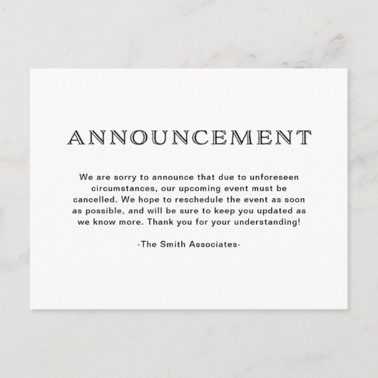 Basic Elegant Black and White Cancelation Aankondigingskaart (Voorkant)