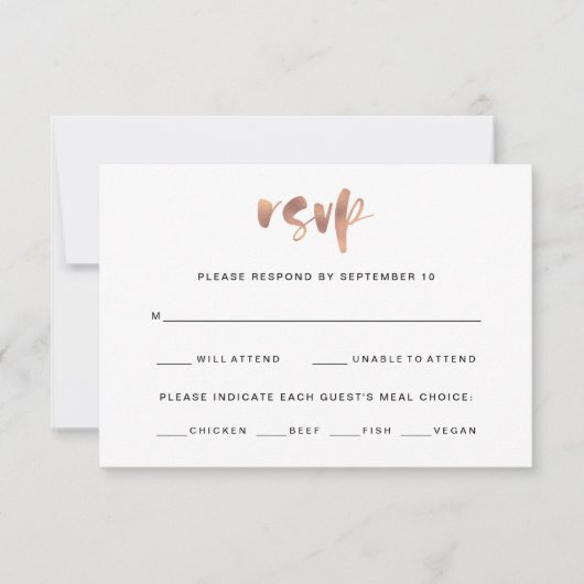 Basic Elegant Faux Roos Gold Wedding Meal Choice RSVP Kaartje (Voorkant)