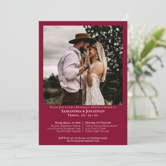 Basic Foto Cranberry Rode bruiloft repetitie diner Kaart (Staand voorkant)