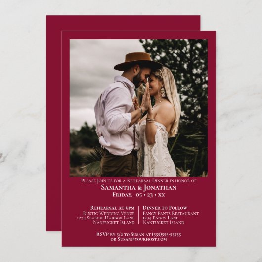 Basic Foto Cranberry Rode bruiloft repetitie diner Kaart (Voorkant / Achterkant)