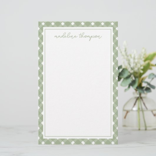 Basic Gingham Sage Green Border Briefpapier (Staand voorkant)