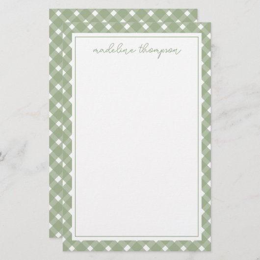 Basic Gingham Sage Green Border Briefpapier (Voorkant / Achterkant)