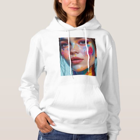 Basic hoodie with a colorful girl's face. (Voorkant)