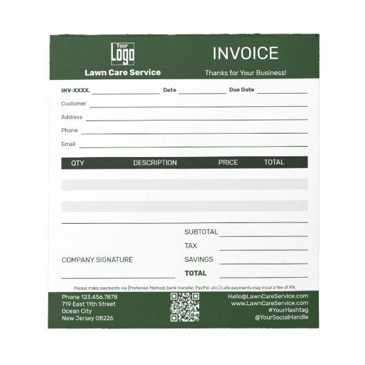 Basic Lawn Care Service Business Invoice Pad Notitieblok (Voorkant)