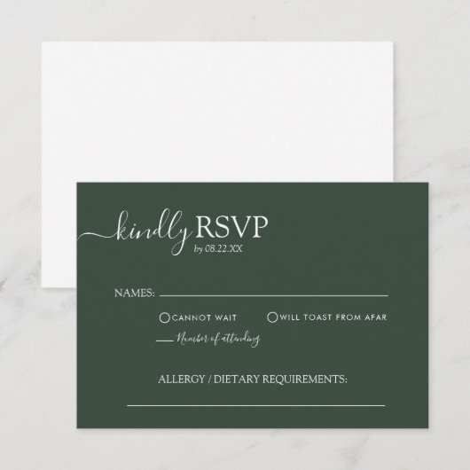 Basic - minimalistisch donkergroen elegant handlij RSVP kaartje (Voorkant / Achterkant)