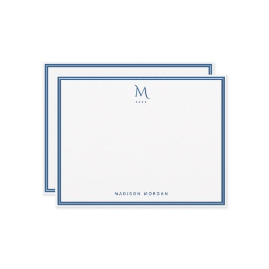 Basic Monogram Navy Blue Border Personalized  Notitiekaartje (Voorkant / Achterkant in situ)