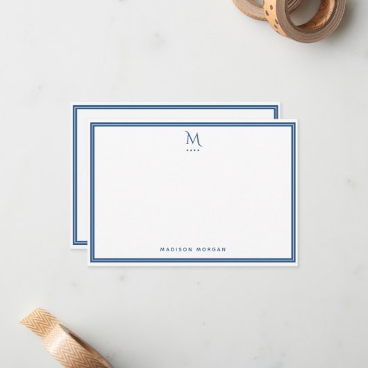 Basic Monogram Navy Blue Border Personalized  Notitiekaartje (Voorkant / Achterkant in situ)