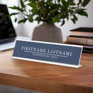 Basic Navy Blue White, met naam en titel Eenvoudig Bureau Naambordje
