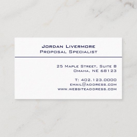 Basic Navy Professional, eenvoudig modern Visitekaartje (Achterkant)