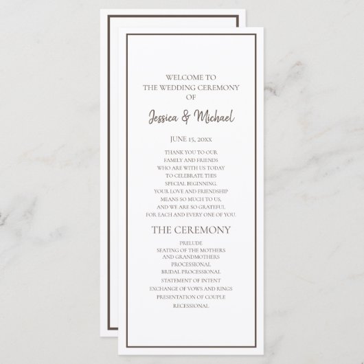 Basic White en Brown Wedding Programme Programmakaart (Voorkant / Achterkant)