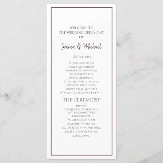 Basic White en Brown Wedding Programme Programmakaart (Voorkant)