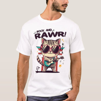 Basic witte Mannen T-Shirt Kawaii Rock Cat