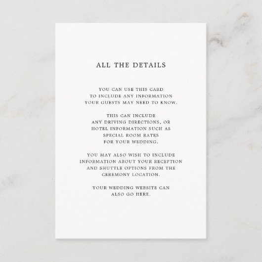Basic Zwart-wit | Details bruiloft gast Informatiekaartje (Voorkant)