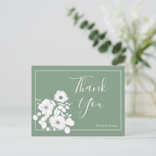 Basil Green and White Floral Wedding Bedankt Briefkaart (Staand voorkant)