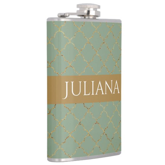 Basil Green Gold Quatrefoil op maat gemaakt Heupfles (Rechts)