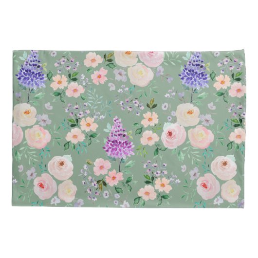 Basil Green Waterverf Floral Kussensloop (Achterkant)