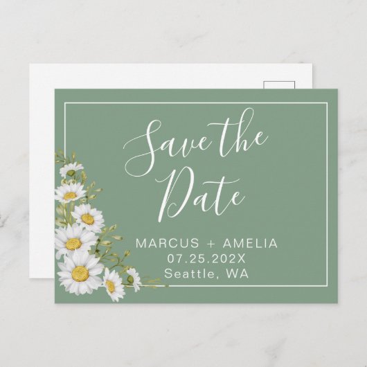  Basil Green & White Daisies Aankondigingskaart (Voorkant / Achterkant)