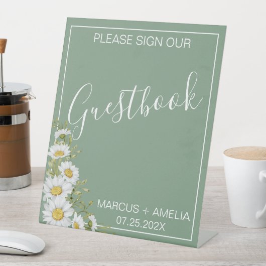  Basil Green & White Daisies Guestbook Reclamebord Met Voetstuk (Insitu)