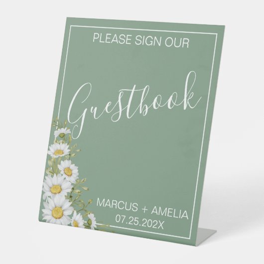  Basil Green & White Daisies Guestbook Reclamebord Met Voetstuk (Voorkant)