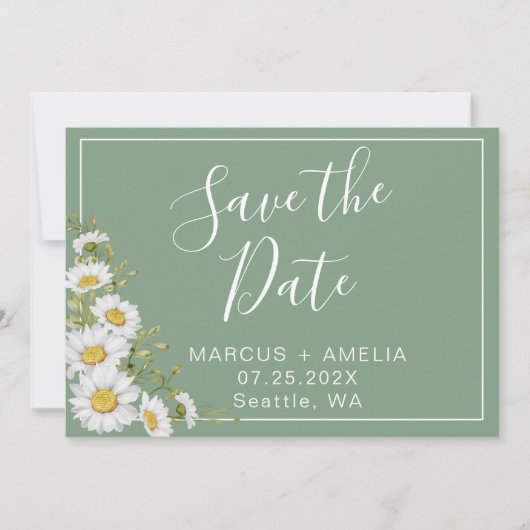 Basil Green & White Daisies sparen de Datum Save The Date (Voorkant)