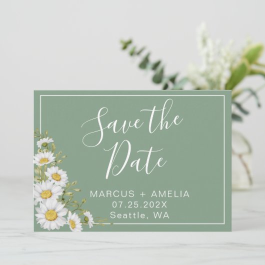 Basil Green & White Daisies sparen de Datum Save The Date (Staand voorkant)
