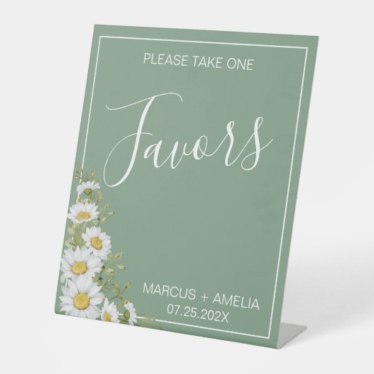  Basil Green & White Daisies Wedding Favors Reclamebord Met Voetstuk (Voorkant)