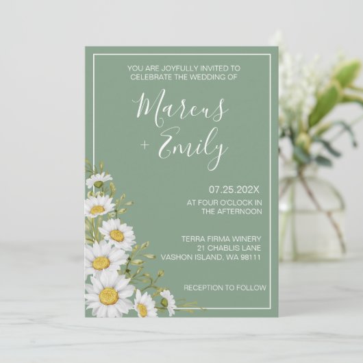  Basil Green & White Daisies Wedding Kaart (Staand voorkant)