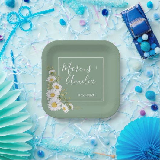  Basil Green & White Daisies Wedding Papieren Bordje (Feest)