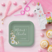  Basil Green & White Daisies Wedding Papieren Bordje (Feest)