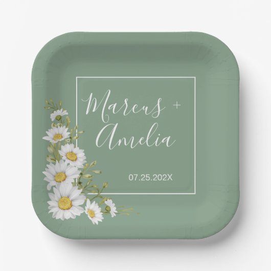  Basil Green & White Daisies Wedding Papieren Bordje (Voorkant)