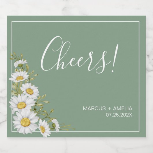  Basil Green & White Daisies Wedding Sparkling Wijnetiket (Enkel label)