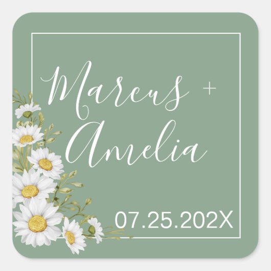  Basil Green & White Daisies Wedding Vierkante Sticker (Voorkant)