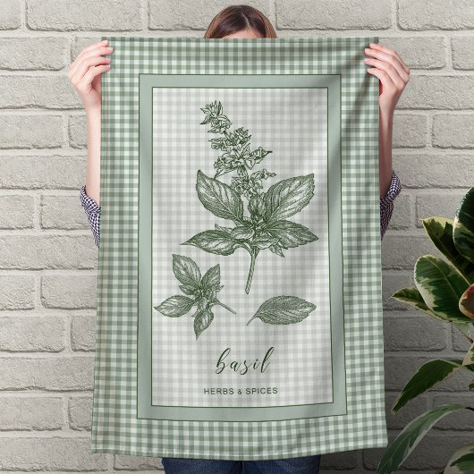 Basil Herb Kitchen Towel – Green Gingham Border Theedoek