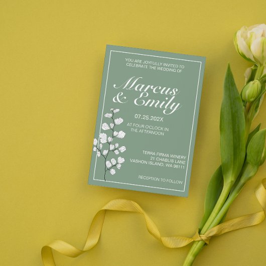 Basil & White Floral Trendy Wedding Invitation Kaart