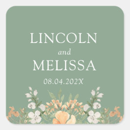 Basilicum, Perzik en Witte Floral Wedding Vierkante Sticker