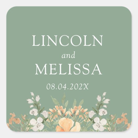 Basilicum, Perzik en Witte Floral Wedding Vierkante Sticker (Voorkant)