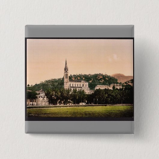 Basilique uit La Prairie, Lourdes, Pyreneeën, Fran Vierkante Button 5,1 Cm (Voorkant)