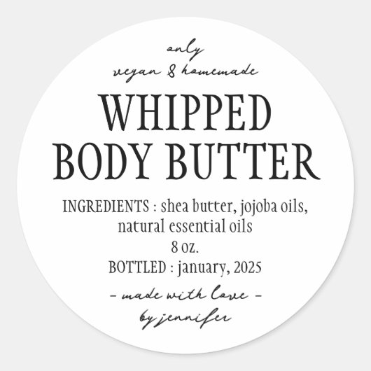 Basis Fles Whipped Body Butter Ingrediënten Ronde Sticker (Voorkant)