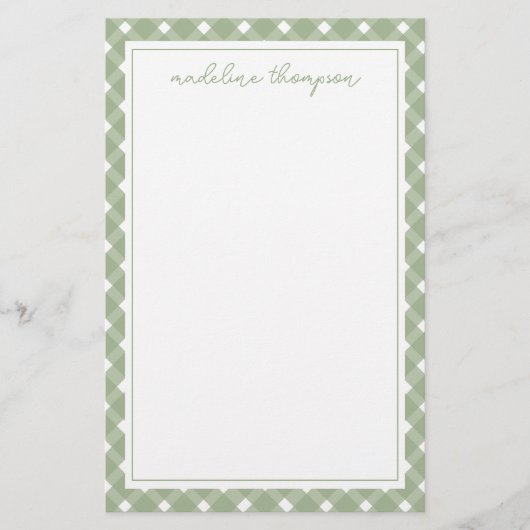 Basis Gingham Saliegroen Rand Briefpapier (Voorkant)