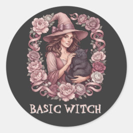 Basis Heks Roze Bloem Heks & Zwarte Kat Coquette Ronde Sticker