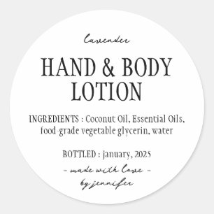 Basis ingrediënten voor hand- en lichaamslotion in ronde sticker