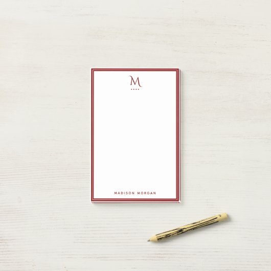 Basis Monogram Diep Rode Rand Persoonlijk Post-it® Notes (Op bureau)