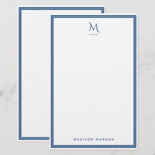 Basis Monogram Navy Blauwe Rand Persoonlijk Briefpapier (Voorkant / Achterkant)