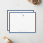 Basis Monogram Navy Blauwe Rand Persoonlijk Notitiekaartje (Voorkant / Achterkant in situ)