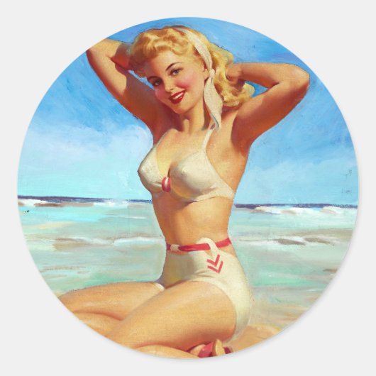 Basis op de Beach Pin Up Ronde Sticker (Voorkant)