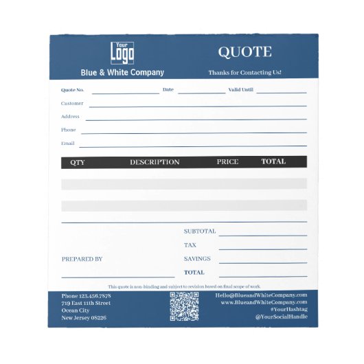 Basis professionele service zakelijke blauwe offer notitieblok (Voorkant)